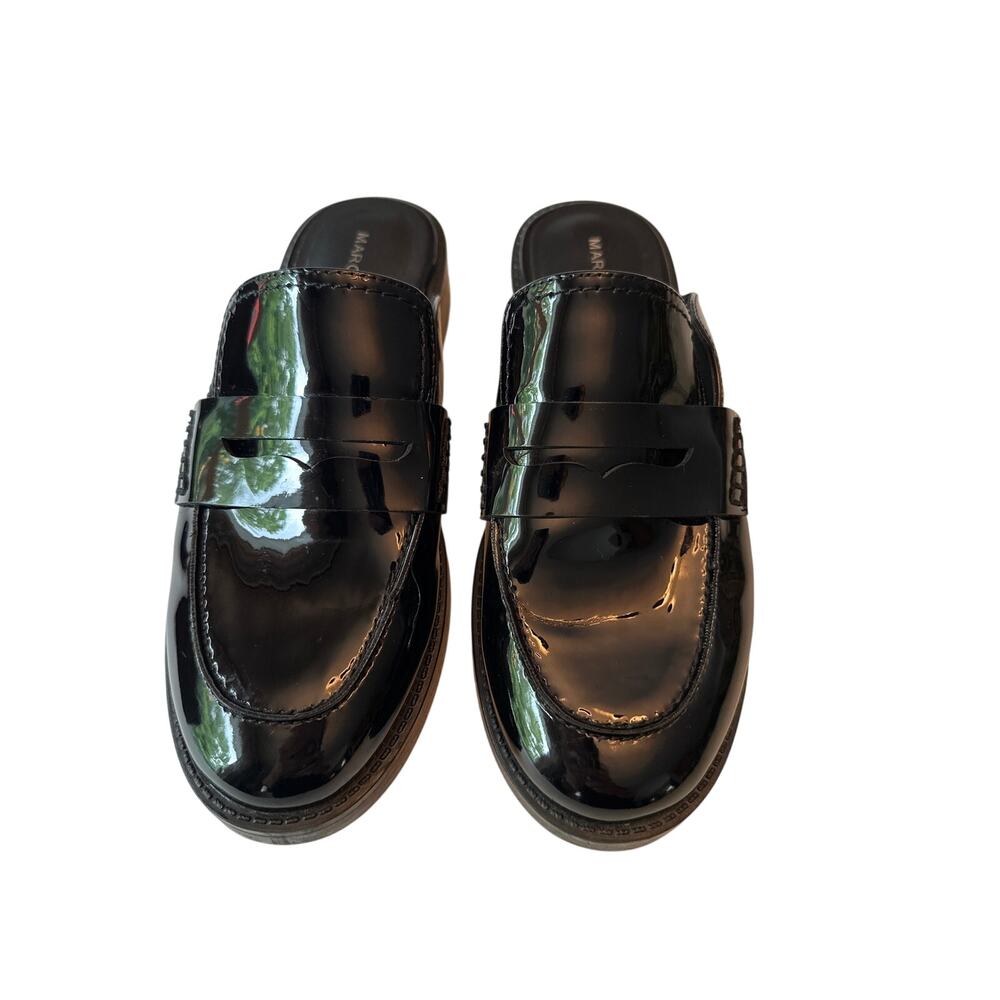 Marc Fisher Burlesk Black Patent Leather Loafer Mules Size 7 Chunky Preppy